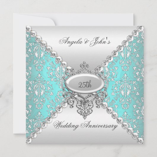 エレガントな25周年記念ターコイズブルーとホワイト 招待状 (正面)