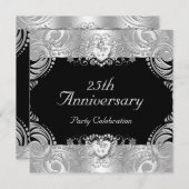 エレガントな25周年記念 ブラック シルバー ホワイト2 招待状 (正面/裏面)
