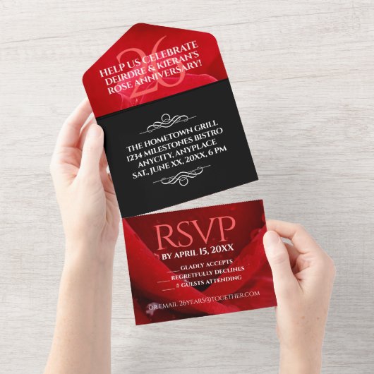 エレガントな26周年ローズウェディングアニバーサリーセレブレーション オールインワン招待状 (貼ってはがせる)
