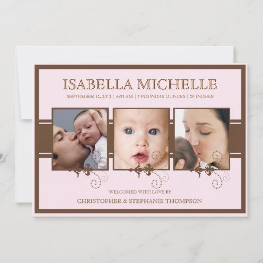 エレガントな3つの写真の女の赤ちゃんの誕生の発表 案内状 (正面)