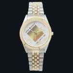 エレガントな3年目のレザー結婚記念日 腕時計<br><div class="desc">このスタイリッシュな時計で、3年目のレザー結婚記念日と時を経ても変わらない愛を祝いましょう！豪華な白いレザーの背景に、金粉の六角形のコンフェッティと金箔のダイヤモンドがエレガントな黒い文字で印刷されており、この特別な日とマイルストーンに記憶に残るタッチを加えています。夫婦の名前と結婚日をカスタマイズできます。

デザイン © W.H. Sim. 詳細はzazzle.com/expressionsoccasionsでご覧ください</div>