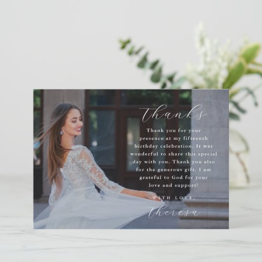 エレガントな3枚の写真のキンセアニエラお礼カード 招待状 (スタンド正面)