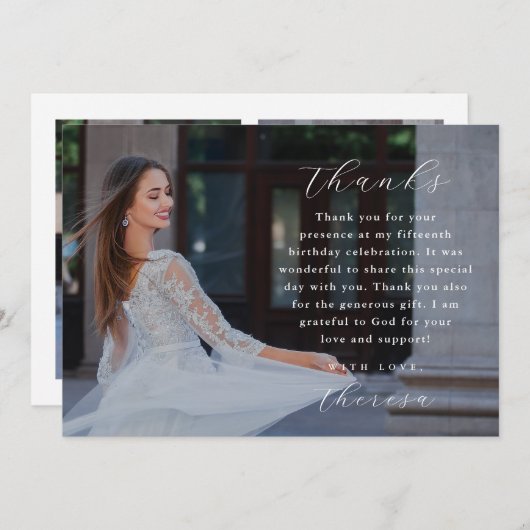 エレガントな3枚の写真のキンセアニエラお礼カード 招待状 (正面/裏面)