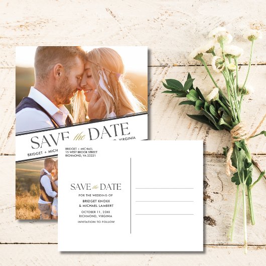 エレガントな3枚の写真を使った結婚式のSave the Date 案内ポストカード