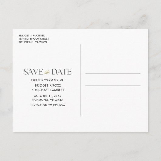 エレガントな3枚の写真を使った結婚式のSave the Date 案内ポストカード (裏面)