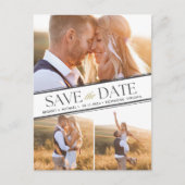 エレガントな3枚の写真を使った結婚式のSave the Date 案内ポストカード (正面)