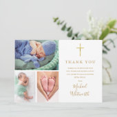 エレガントな3枚の写真 ゴールド シグネチャー スクリプト 洗礼 サンキューカード (スタンド正面)