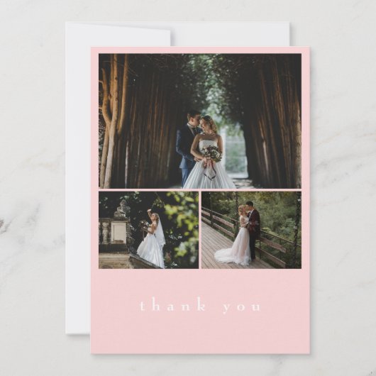 エレガントな3枚の写真 ブッシュピンク ミニマルウェディング サンキューカード (正面)
