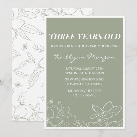 エレガントな3歳の誕生日招待状 フローラルグリーン 招待状 (正面/裏面)
