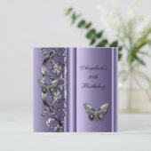 エレガントな30歳の誕生日 バタフライ モーブ シルバー フローラル 招待状 (スタンド正面)