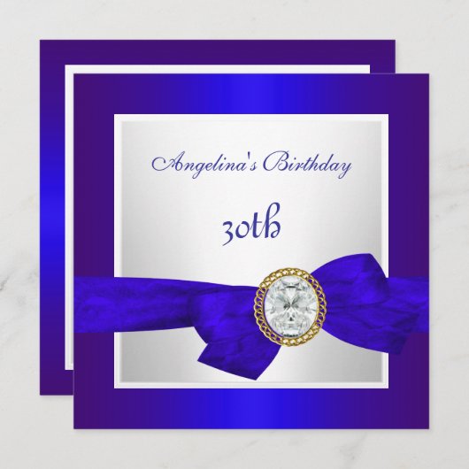 エレガントな30歳の誕生日 ロイヤルブルー ホワイトダイヤモンド 招待状 (正面/裏面)