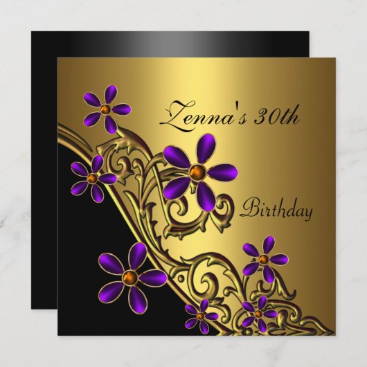 エレガントな30歳の誕生日 黒 紫 ゴールド フラワーパターン 招待状 (正面/裏面)