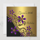 エレガントな30歳の誕生日 黒 紫 ゴールド フラワーパターン 招待状 (正面)