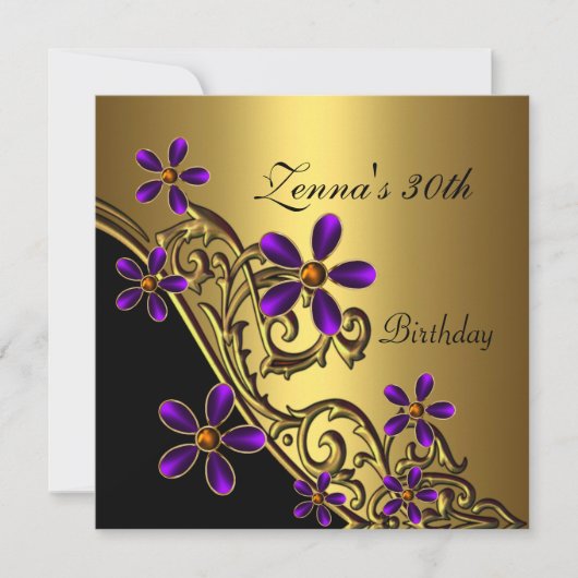 エレガントな30歳の誕生日 黒 紫 ゴールド フラワーパターン 招待状 (正面)