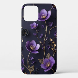 エレガントな3Dパープル＆ゴールドの花柄ボタニカルデザイン iPhone 12ケース