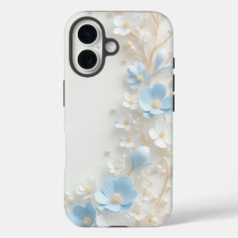 エレガントな3Dブルー＆ホワイトフラワーパールiPhoneケース iPhone 16ケース