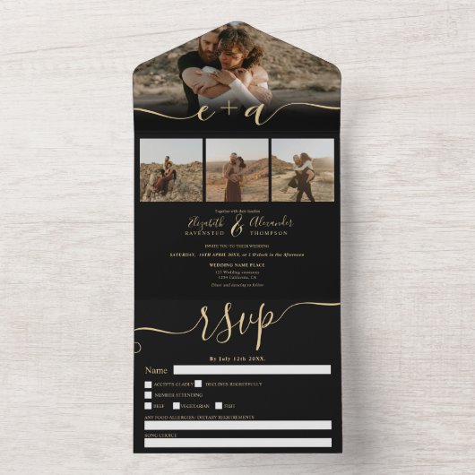 エレガントな4枚の写真 ゴールド ブラック モダン スクリプト 結婚式 オールインワン招待状 (内側)