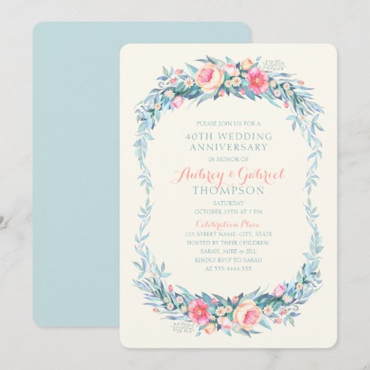 エレガントな40周年結婚記念日の花と春 招待状 (正面/裏面)
