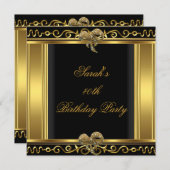 エレガントな40歳の誕生日ゴールドブラックジュエルリボン 招待状 (正面/裏面)