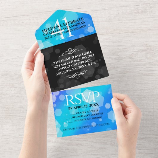 エレガントな41周年ブルートパーズ結婚記念日 オールインワン招待状 (貼ってはがせる)