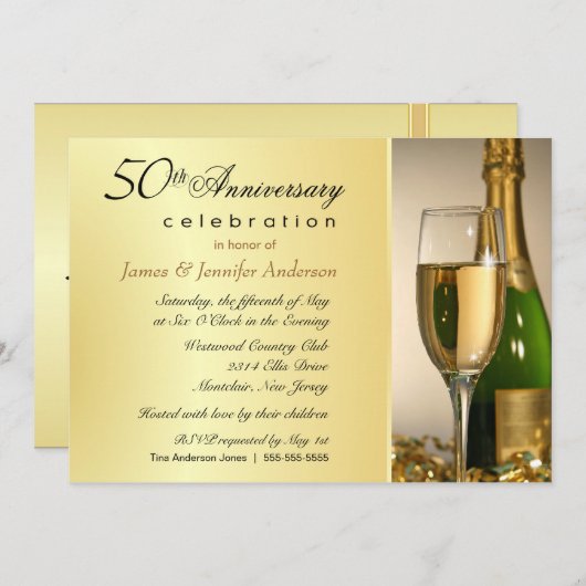 エレガントな50周年ゴールドアニバーサリー パーティー招待状 招待状 (正面/裏面)