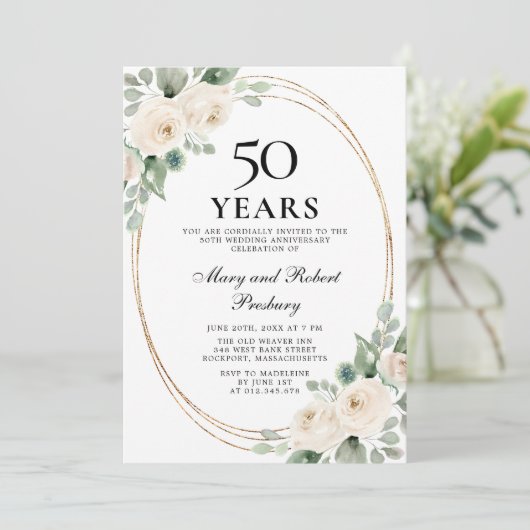 エレガントな50周年パーティー 白薔薇の花束 招待状 (スタンド正面)