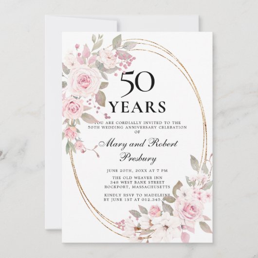エレガントな50周年ピンクローズの花の招待状 招待状 (正面)