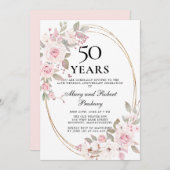 エレガントな50周年ピンクローズの花の招待状 招待状 (正面/裏面)