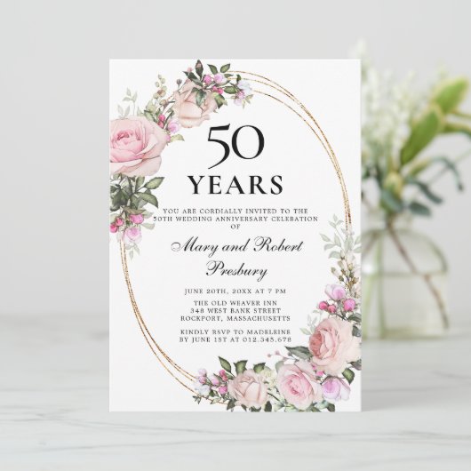 エレガントな50周年ピンクローズフラル 招待状 (スタンド正面)