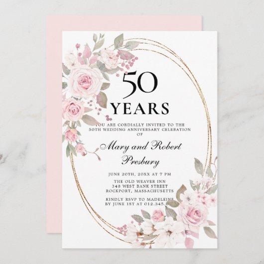エレガントな50周年ピンクローズフラワー招待状 招待状 (正面/裏面)