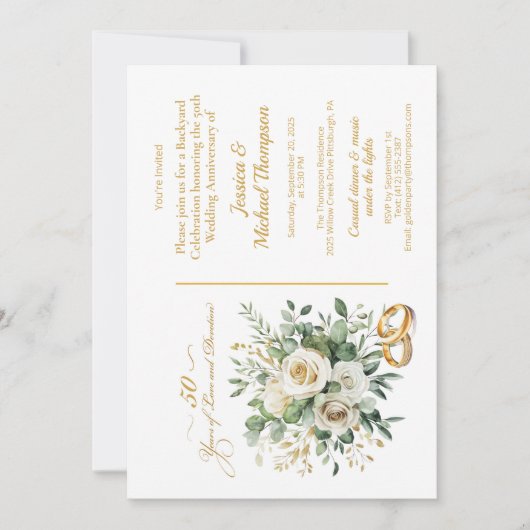 エレガントな50周年ホワイトローズゴールドリング 招待状 (正面)