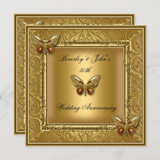 エレガントな50周年結婚記念日のゴールデン ダマスク 招待状 (正面/裏面)
