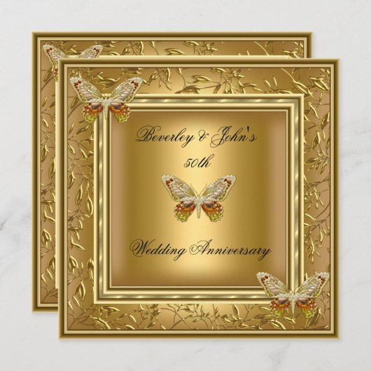 エレガントな50周年結婚記念日のゴールドダマスク 招待状 (正面/裏面)