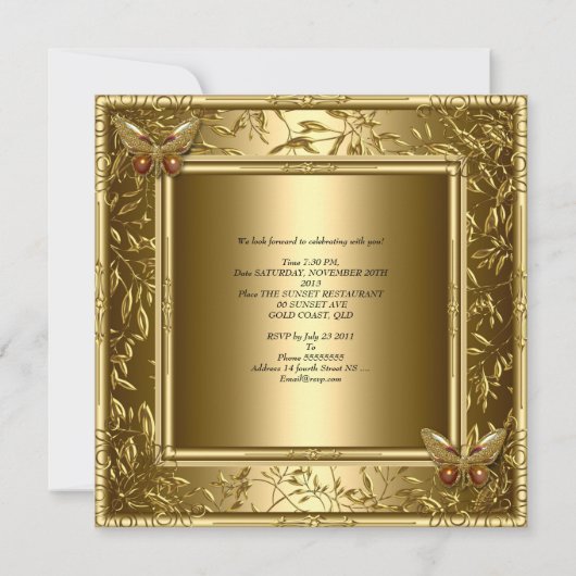 エレガントな50周年結婚記念日のゴールドバタフライ 招待状 (裏面)