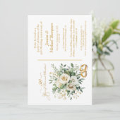 エレガントな50周年記念の白いバラと金の指輪 招待状 (スタンド正面)