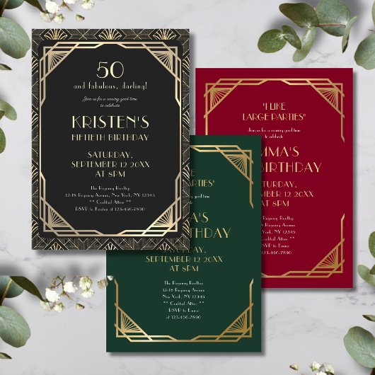 エレガントな50歳とファビュラスなブラック&ゴールドの誕生日 招待状