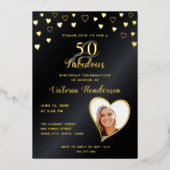 エレガントな50歳とファビュラス ブラック＆ゴールドの誕生日 箔招待状 (正面)