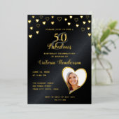 エレガントな50歳とファビュラス ブラック＆ゴールドの誕生日 箔招待状 (立ち正面)