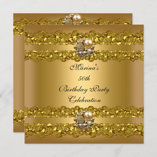 エレガントな50歳の誕生日パーティー ゴールドパールジュエリー 招待状 (正面/裏面)