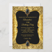 エレガントな50歳の誕生日パーティー ゴールド フラワーズ ゴールド ブラック 招待状 (正面)