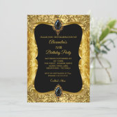 エレガントな50歳の誕生日パーティー ゴールド フラワーズ ゴールド ブラック 招待状 (スタンド正面)