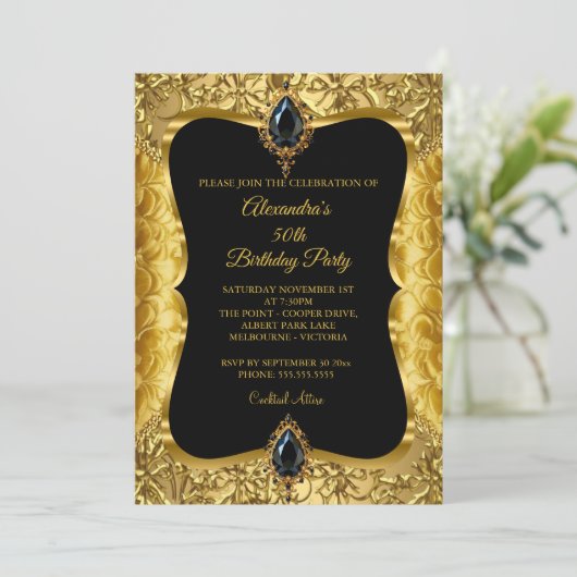 エレガントな50歳の誕生日パーティー ゴールド フラワーズ ゴールド ブラック 招待状 (スタンド正面)