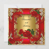 エレガントな50歳の誕生日パーティー ゴールド レッド ローズ 招待状 (正面)