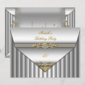 エレガントな50歳の誕生日パーティー シルバー ゴールド ダイヤモンド 3 招待状 (正面/裏面)