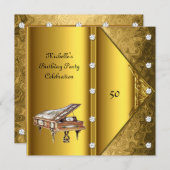エレガントな50歳の誕生日パーティー ピアノ ヴィンテージ 招待状 (正面/裏面)