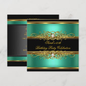 エレガントな50歳の誕生日パーティー 翠緑色 ゴールド ブラック 招待状 (正面/裏面)