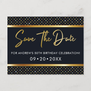 エレガントな50歳の誕生日 ゴールドとブラックのSave The Date ポストカード