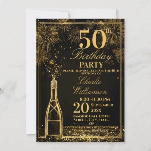 エレガントな50歳の誕生日 ゴールドボトル フィズ 招待状 (正面)