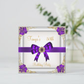 エレガントな50歳の誕生日 花柄 紫 白 ゴールド2 招待状 (スタンド正面)