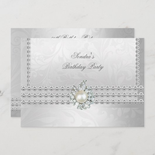 エレガントな50歳の誕生日 銀白色 ダイヤモンド パール 招待状 (正面/裏面)